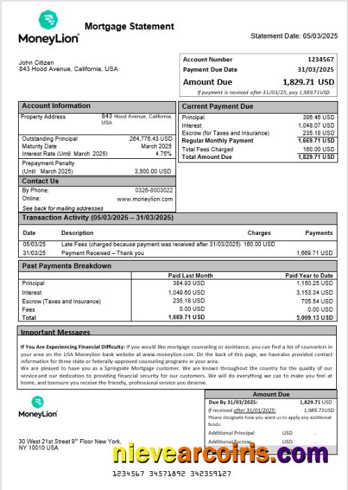 USA Moneylion bank mortgage statement